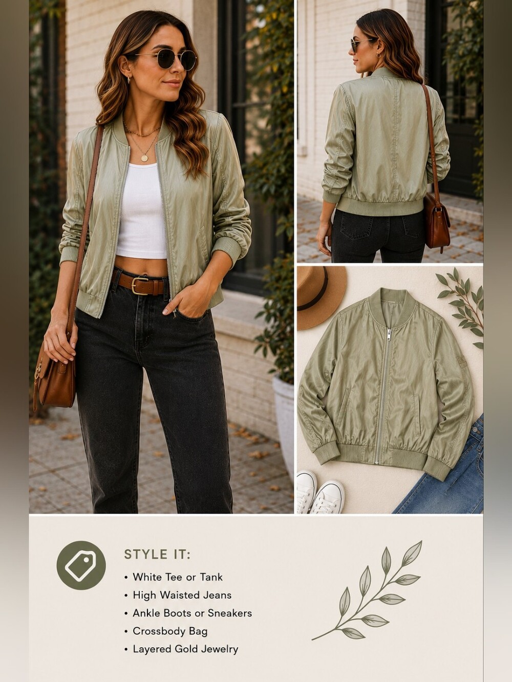 Sage Green Lightweight Bomber Jacket Zip Front Satin Look Utility Chic Size S